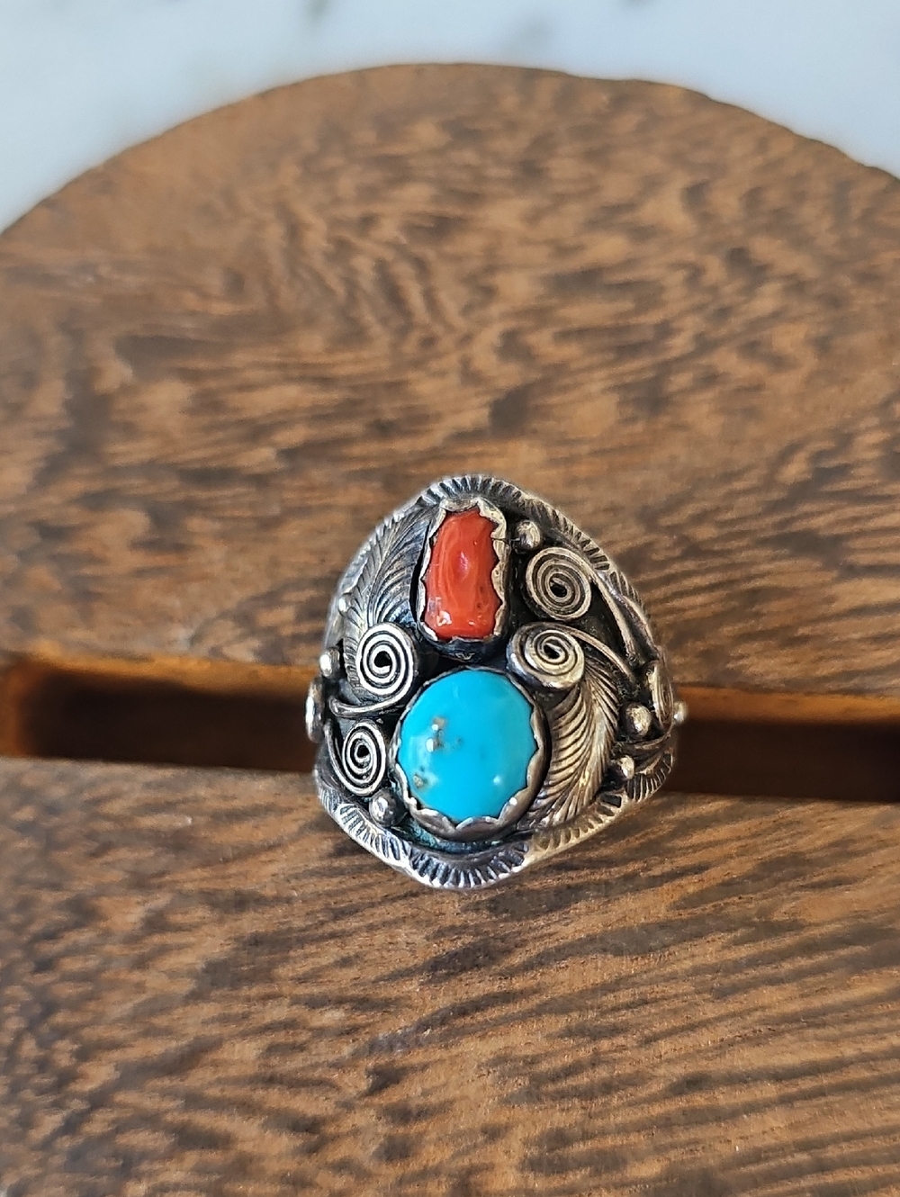 Vintage Navajo Signed Turquiose Coral Sterling Men's Ring
